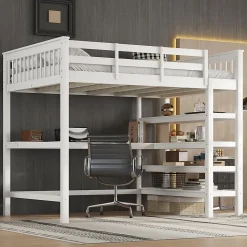 Lit Mezzanine 140 x 200 cm - Lit enfant avec Bureau et Rangements - Pin + MDF - Sans Matelas - Blanc