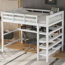 Lit Mezzanine 140 x 200 cm - Lit enfant avec Bureau et Rangements - Pin + MDF - Sans Matelas - Blanc
