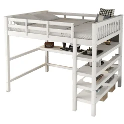 Lit Mezzanine 140 x 200 cm - Lit enfant avec Bureau et Rangements - Pin + MDF - Sans Matelas - Blanc