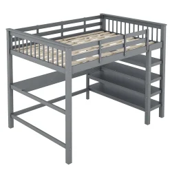Lit Mezzanine 140 x 200 cm - Lit enfant avec Bureau et Rangements - Pin + MDF - Sans Matelas - Gris