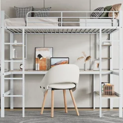 Lit Mezzanine 90 x 200 cm - Lit avec Bureau et Étagères - Métal + MDF - Sans Matelas - Blanc