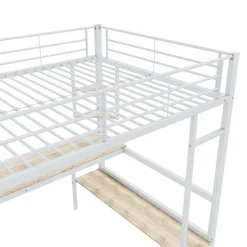 Lit Mezzanine 90 x 200 cm - Lit avec Bureau et Étagères - Métal + MDF - Sans Matelas - Blanc