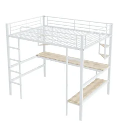 Lit Mezzanine 90 x 200 cm - Lit avec Bureau et Étagères - Métal + MDF - Sans Matelas - Blanc