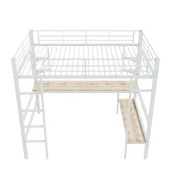 Lit Mezzanine 90 x 200 cm - Lit avec Bureau et Étagères - Métal + MDF - Sans Matelas - Blanc