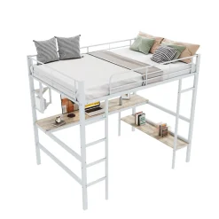 Lit Mezzanine 90 x 200 cm - Lit avec Bureau et Étagères - Métal + MDF - Sans Matelas - Blanc
