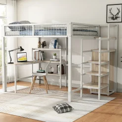 Lit Mezzanine 140 x 200 cm - Lit avec Bureau et Étagères - Métal + MDF - Sans Matelas - Blanc