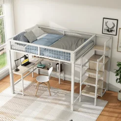 Lit Mezzanine 140 x 200 cm - Lit avec Bureau et Étagères - Métal + MDF - Sans Matelas - Blanc