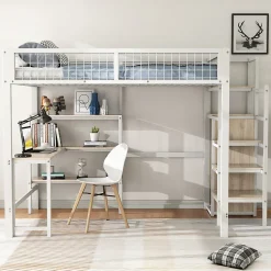 Lit Mezzanine 140 x 200 cm - Lit avec Bureau et Étagères - Métal + MDF - Sans Matelas - Blanc