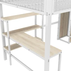 Lit Mezzanine 140 x 200 cm - Lit avec Bureau et Étagères - Métal + MDF - Sans Matelas - Blanc