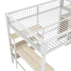 Lit Mezzanine 140 x 200 cm - Lit avec Bureau et Étagères - Métal + MDF - Sans Matelas - Blanc