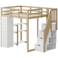 Lit Mezzanine 140 x 200 cm - Lit Mezzanine Ado avec Commode, Tiroirs et Étagères - Échelle Antidérapante Sécurité - Bois Blanc
