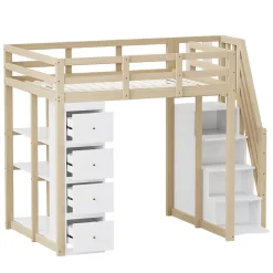 Lit Mezzanine 140 x 200 cm - Lit Mezzanine Ado avec Commode, Tiroirs et Étagères - Échelle Antidérapante Sécurité - Bois Blanc