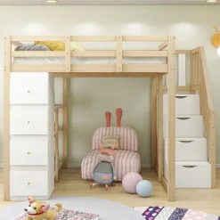 Lit Mezzanine 140 x 200 cm - Lit Mezzanine Ado avec Commode, Tiroirs et Étagères - Échelle Antidérapante Sécurité - Bois Blanc