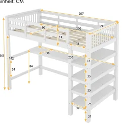 Lit Mezzanine 90 x 200 cm - Lit enfant avec Bureau et Rangements - Pin + MDF - Sans Matelas - Blanc