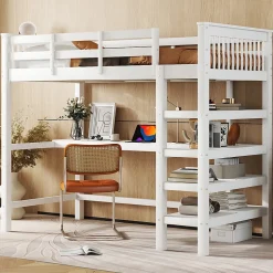 Lit Mezzanine 90 x 200 cm - Lit enfant avec Bureau et Rangements - Pin + MDF - Sans Matelas - Blanc