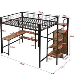 Lit Mezzanine 140 x 200 cm - Lit avec Bureau et Étagères - Métal + MDF - Sans Matelas - Noir
