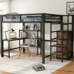 Lit Mezzanine 140 x 200 cm - Lit avec Bureau et Étagères - Métal + MDF - Sans Matelas - Noir