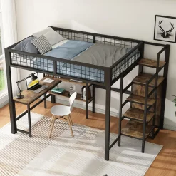 Lit Mezzanine 140 x 200 cm - Lit avec Bureau et Étagères - Métal + MDF - Sans Matelas - Noir