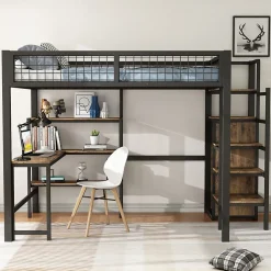 Lit Mezzanine 140 x 200 cm - Lit avec Bureau et Étagères - Métal + MDF - Sans Matelas - Noir