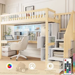 Lit Mezzanine 90 x 200 cm - Lit Simple avec Bureau, Placard et Étagères, LED Intégrée - Bois Blanc+Nature