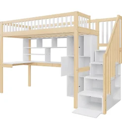 Lit Mezzanine 90 x 200 cm - Lit Simple avec Bureau, Placard et Étagères, LED Intégrée - Bois Blanc+Nature