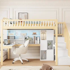 Lit Mezzanine 90 x 200 cm - Lit Simple avec Bureau, Placard et Étagères, LED Intégrée - Bois Blanc+Nature