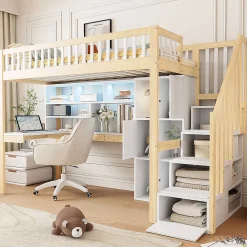 Lit Mezzanine 90 x 200 cm - Lit Simple avec Bureau, Placard et Étagères, LED Intégrée - Bois Blanc+Nature