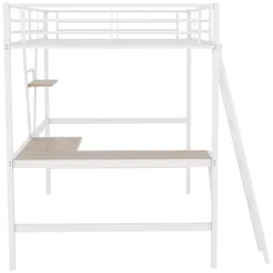 Lit Mezzanine 90 x 200 cm - Lit avec Bureau en L et Étagère - Métal + MDF - Sans Matelas - Blanc
