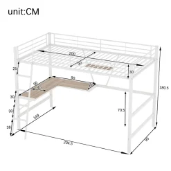 Lit Mezzanine 90 x 200 cm - Lit avec Bureau en L et Étagère - Métal + MDF - Sans Matelas - Blanc