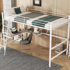 Lit Mezzanine 90 x 200 cm - Lit avec Bureau en L et Étagère - Métal + MDF - Sans Matelas - Blanc