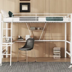 Lit Mezzanine 90 x 200 cm - Lit avec Bureau en L et Étagère - Métal + MDF - Sans Matelas - Blanc