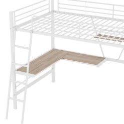 Lit Mezzanine 90 x 200 cm - Lit avec Bureau en L et Étagère - Métal + MDF - Sans Matelas - Blanc