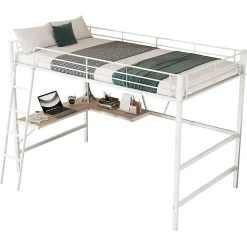 Lit Mezzanine 90 x 200 cm - Lit avec Bureau en L et Étagère - Métal + MDF - Sans Matelas - Blanc