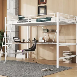 Lit Mezzanine 90 x 200 cm - Lit avec Bureau en L et Étagère - Métal + MDF - Sans Matelas - Blanc