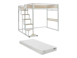 Lit mezzanine 140 x 200 cm - Métal et MDF - Blanc + Matelas - JOGUI