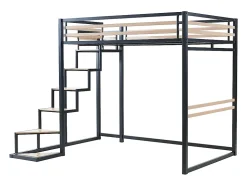 Lit mezzanine 140 x 200 cm - Métal et MDF - Noir et naturel - JOGUI