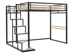 Lit mezzanine 140 x 200 cm - Métal et MDF - Noir et naturel + Matelas - JOGUI