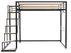 Lit mezzanine 140 x 200 cm - Métal et MDF - Noir et naturel + Matelas - JOGUI