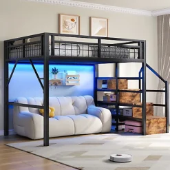 Lit mezzanine 140 x 200 cm - Structure en fer - Éclairage LED - Escalier - Noir (matelas non inclus)