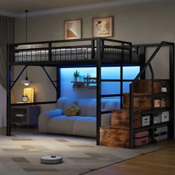 Lit mezzanine 140 x 200 cm - Structure en fer - Éclairage LED - Escalier - Noir (matelas non inclus)