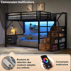Lit mezzanine 140 x 200 cm - Structure en fer - Éclairage LED - Escalier - Noir (matelas non inclus)