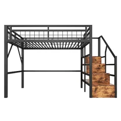 Lit mezzanine 140 x 200 cm - Structure en fer - Éclairage LED - Escalier - Noir (matelas non inclus)