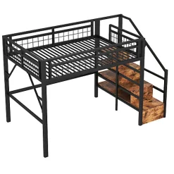 Lit mezzanine 140 x 200 cm - Structure en fer - Éclairage LED - Escalier - Noir (matelas non inclus)