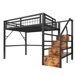 Lit mezzanine 140 x 200 cm - Structure en fer - Éclairage LED - Escalier - Noir (matelas non inclus)