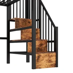 Lit mezzanine 90 x 200 cm - Structure en fer - Éclairage LED - Escalier - Noir (matelas non inclus)