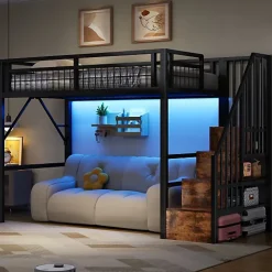 Lit mezzanine 90 x 200 cm - Structure en fer - Éclairage LED - Escalier - Noir (matelas non inclus)