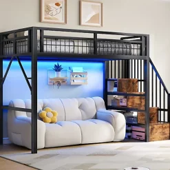 Lit mezzanine 90 x 200 cm - Structure en fer - Éclairage LED - Escalier - Noir (matelas non inclus)