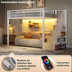 Lit mezzanine 90 x 200 cm - Structure en fer - Éclairage LED - Escalier - Blanc (matelas non inclus)