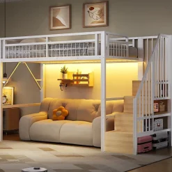 Lit mezzanine 90 x 200 cm - Structure en fer - Éclairage LED - Escalier - Blanc (matelas non inclus)