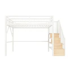 Lit mezzanine 90 x 200 cm - Structure en fer - Éclairage LED - Escalier - Blanc (matelas non inclus)